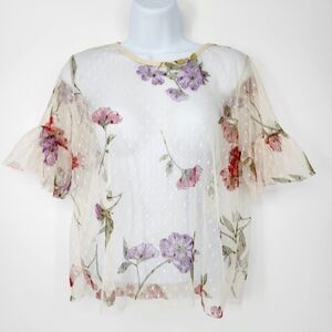 Glance Womens Sheer Top Size M Ivory Floral Dots Dainty Festival Fairy Romantic